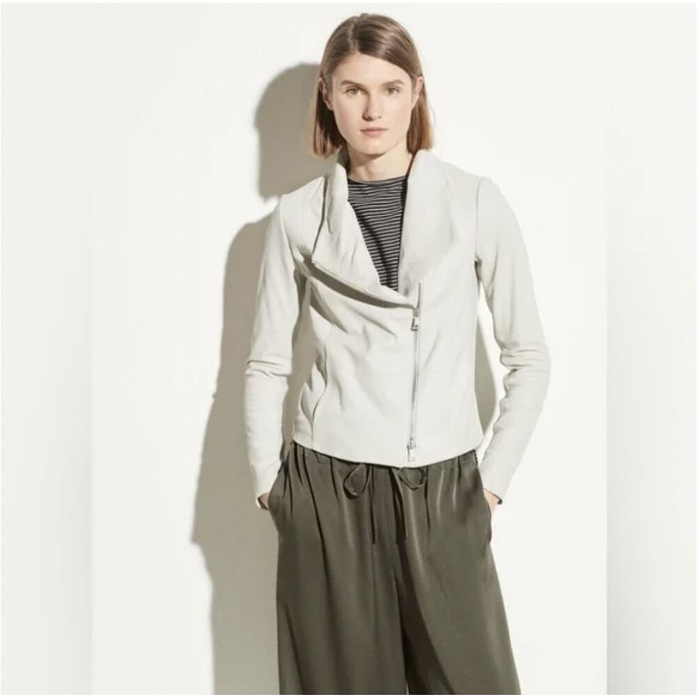 Vince Leather Scuba Jacket Medium Gray Asymmetrical Draped Collar Sierra Silver